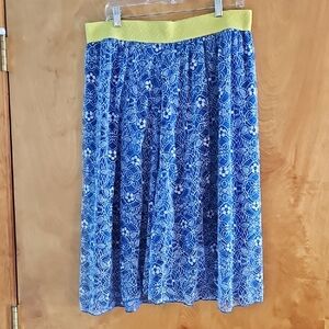 LuLaRoe Blue Patterned Midi Skirt with Yellow Waistband